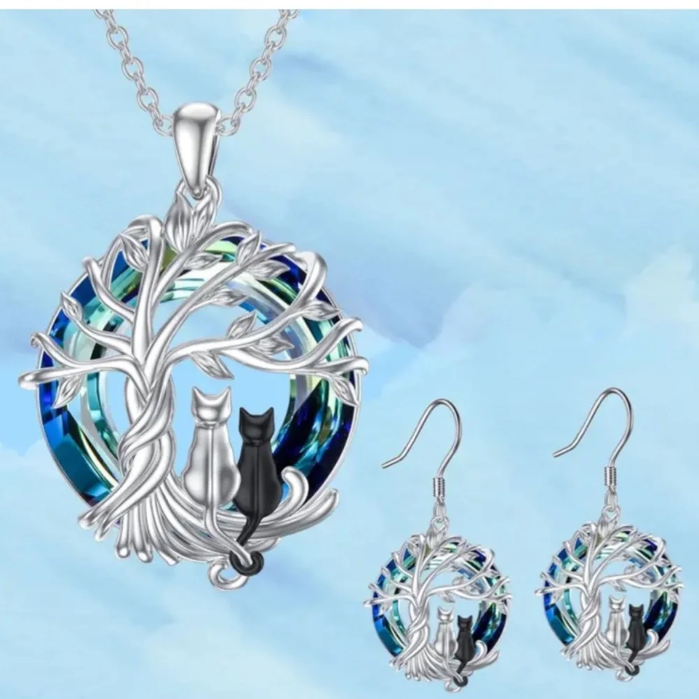 NWT! Necklace w Pendant & Earrings Jewelry Set in Silver w Blue Glass St…